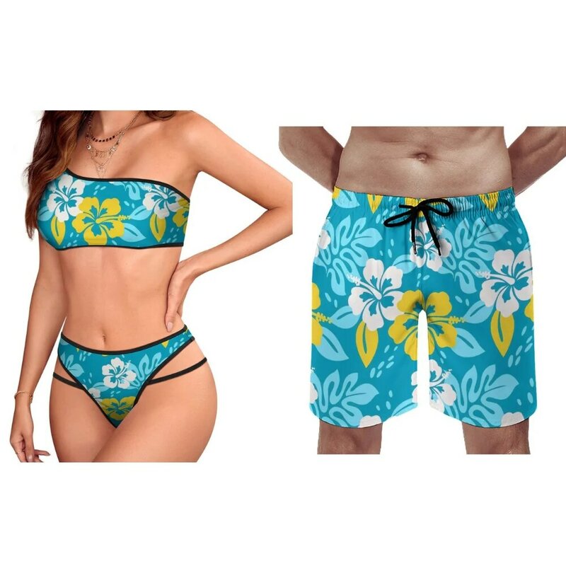 بيكيني هاواي للرجال مطبوع عليه زهور ، ملابس سباحة استوائية ، شورت قبلي ، ملابس سباحة مخصصة للزوجين في جزيرة جديدة ،