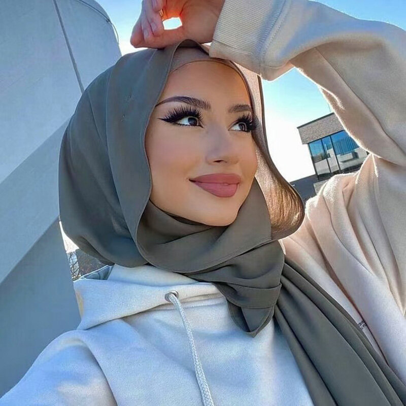 وشاح شيفون إسلامي للنساء ، غطاء رأس طويل ، أحادي اللون ، حجاب ، أوشحة للسيدات ، قميص الحجاب