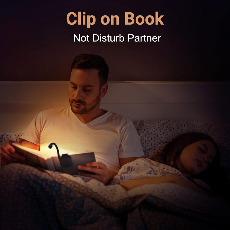 مصابيح قراءة قابلة لإعادة الشحن للكتب في السرير ، مصباح ليلي للكتب LED ، 3 ألوان ، سطوع بدون خطوات ، مصباح قراءة بمشبك