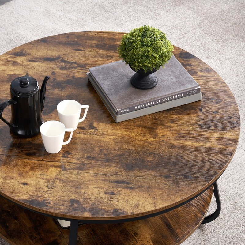 طاولة قهوة مستديرة مع تخزين مفتوح ، طاولة لهجة ريفي مع أرجل معدنية متينة ، طاولة أريكة خشبية لغرفة المعيشة ، 38.5"