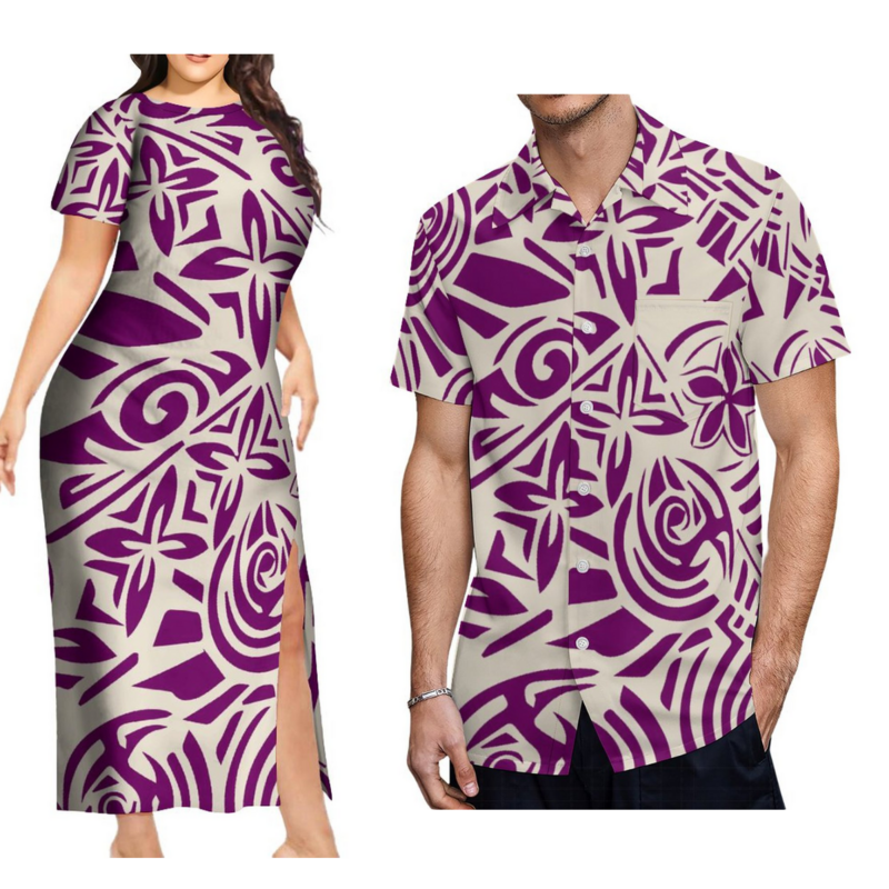 فستان طويل بأكمام قصيرة للرجال والنساء ، قبيلة بولينيزية مخصصة ، قميص رجالي هاواي ، حجم كبير ، بدلة زوجين ، الصيف