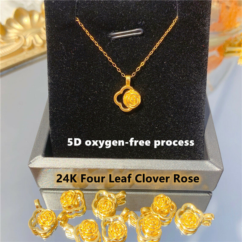 حقيقية 999 وردة ذهبية نقية قلادة رائعة مجوهرات للزوجة وصديقة هدية 24k الذهب أربع أوراق البرسيم قلادة المرأة