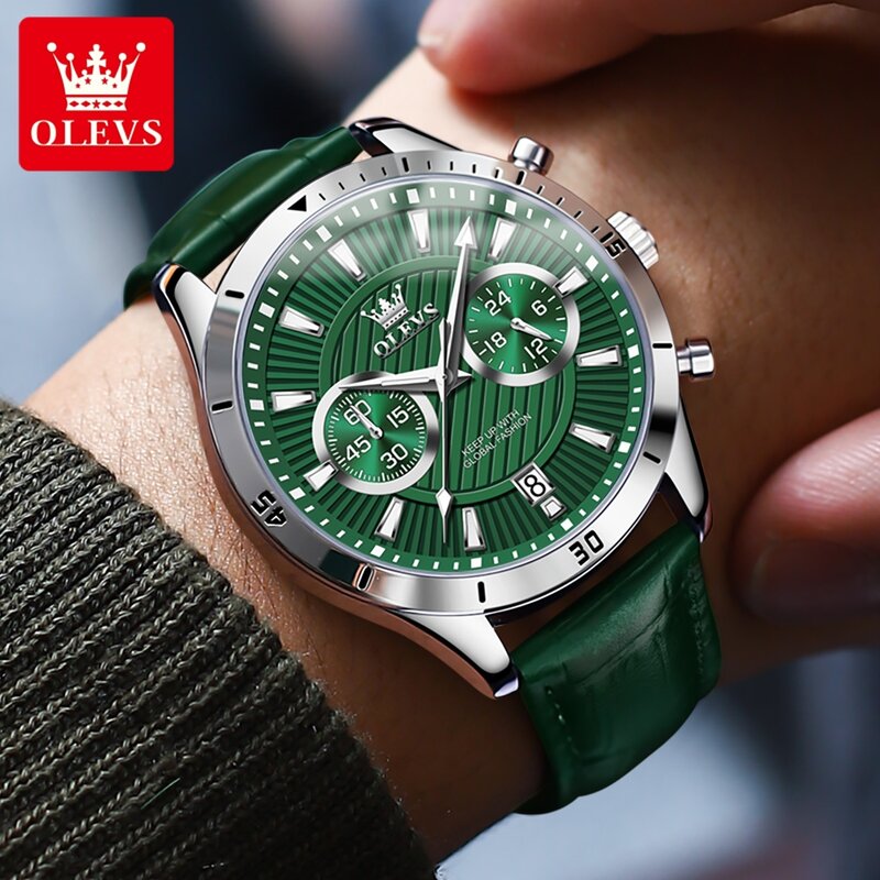 ساعة أوليفس-ساعة كوارتز خضراء للرجال ، جلد ، مقاومة للماء ، مضيئة ، تقويم ، فاخر ، كرونوغراف ، أزياء العلامة التجارية