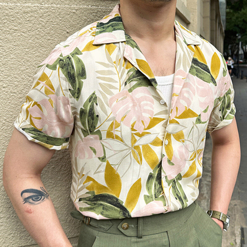 الشارع الشهير خمر نمط الأزهار الملونة قصيرة الأكمام قميص الصيف الشاطئ قميص الهيب هوب عطلة عادية القمم الرجال هاواي قميص