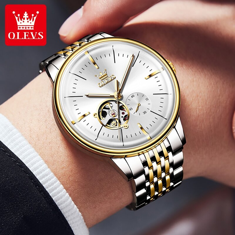 ساعة ميكانيكية أوتوماتيكية من OLEVS للرجال ، ساعة يد من الفولاذ المقاوم للصدأ الراقية ، كرونوغراف أصلي ، علامة تجارية فاخرة