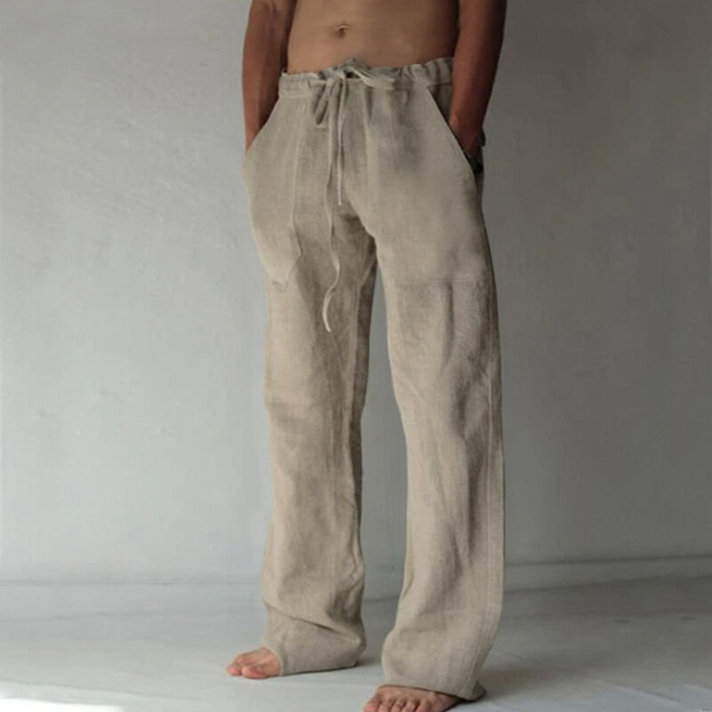 2023 جديد الصيف الرجال بلون الكتان السراويل متعددة جيب مستقيم Pants غير رسمية كبيرة الحجم تنفس ضوء فضفاض بنطلون الذكور