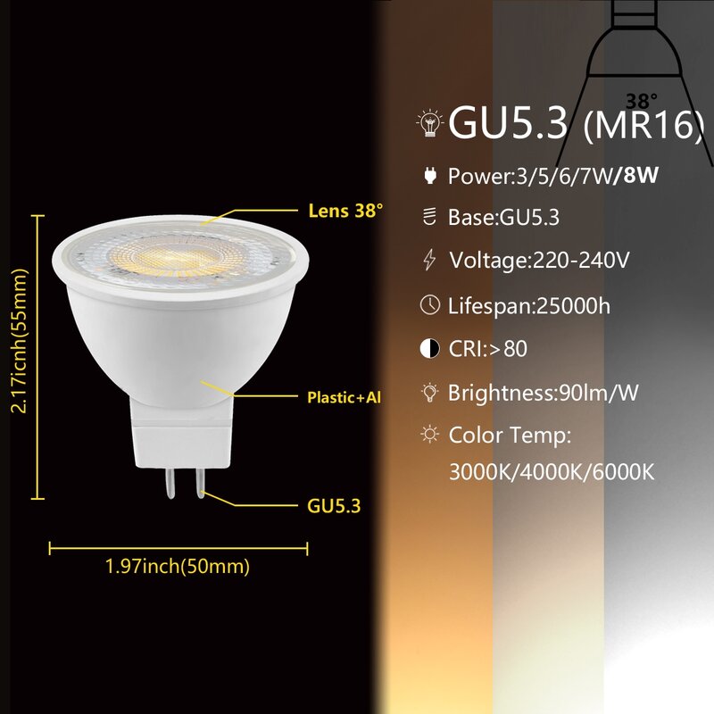 1-10 قطعة Led الأضواء GU10 GU5.3 MR16 3W 5W 6W 7W 8W 38 درجة الإضاءة لمبة 220V إضاءة داخلية 3000K 4000K 6000K Bombillas