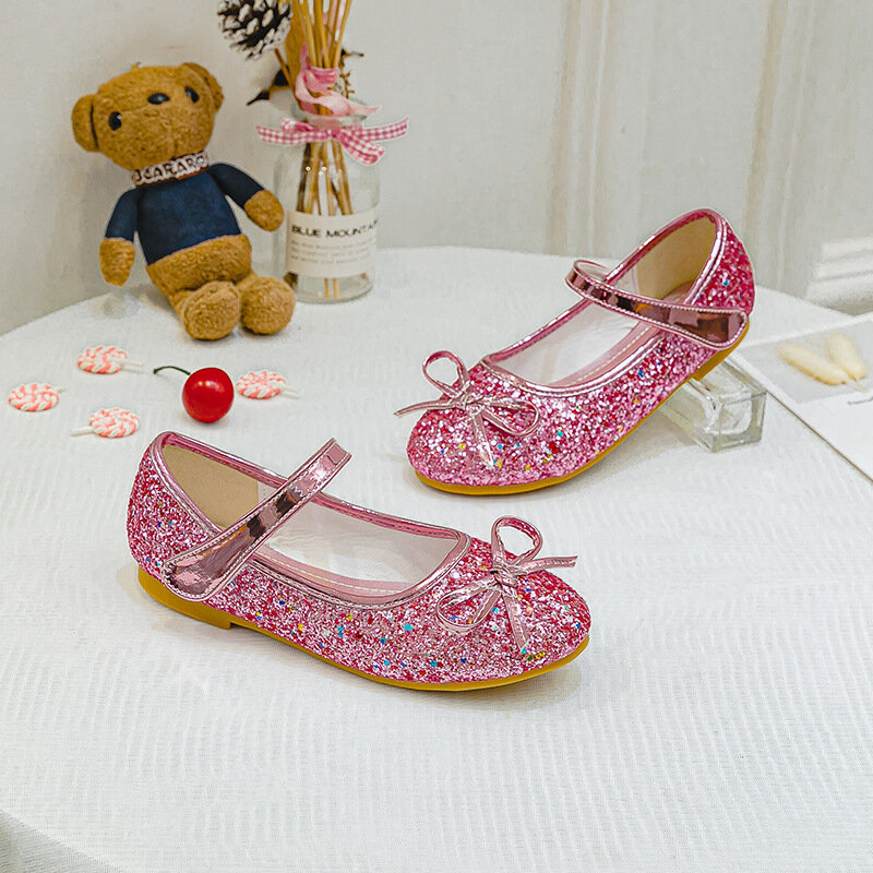 ULKNN 2023 جديد الفتيات الأحذية الجلدية الوردي Bowknot الأميرة 'أحذية الترتر طفل الشقق Cuhk الأطفال الرقص أحذية حجم 24-37