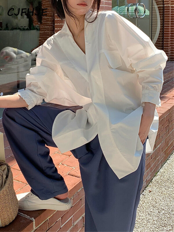 CJFHJE جديد الأبيض المرأة قميص الصيف الكورية أنيقة مكتب سيدة البلوزات عادية خمر كم طويل القطن المعتاد قمصان فضفاضة