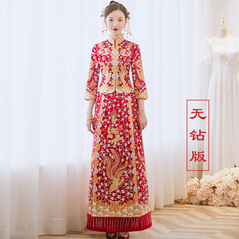 رائعة التنين فينيكس التطريز زوجين فستان الزفاف أنيقة Mandarin طوق الصينية الزواج شيونغسام اكسسوارات