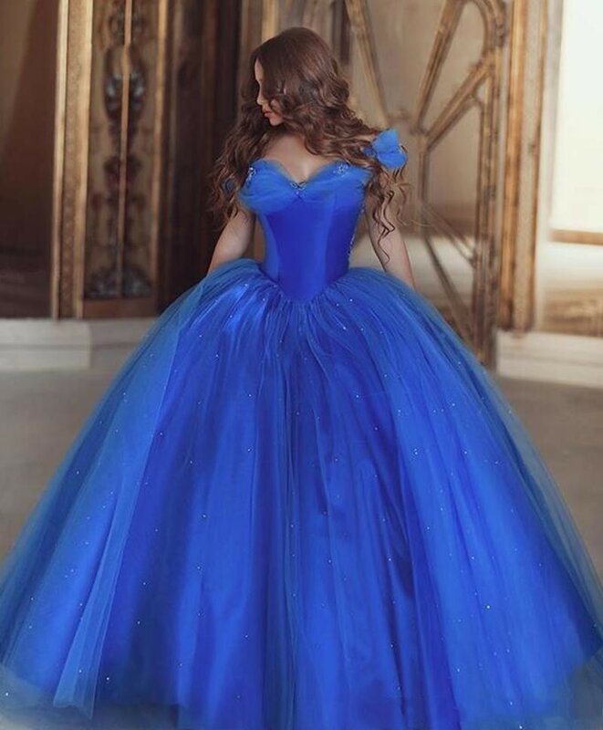 فساتين سندريلا الأزرق الملكي Quinceanera ثوب الكرة قبالة الكتف منتفخ تول مطرز حفلة حلوة 16 فستان