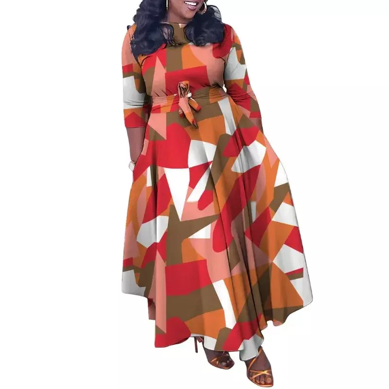 فساتين Dashiki الأفريقية للنساء ، طويلة الأكمام ، س الرقبة ، حجم كبير ، الطباعة ، فستان ماكسي ، ملابس الخريف ، L-5XL ، 2022