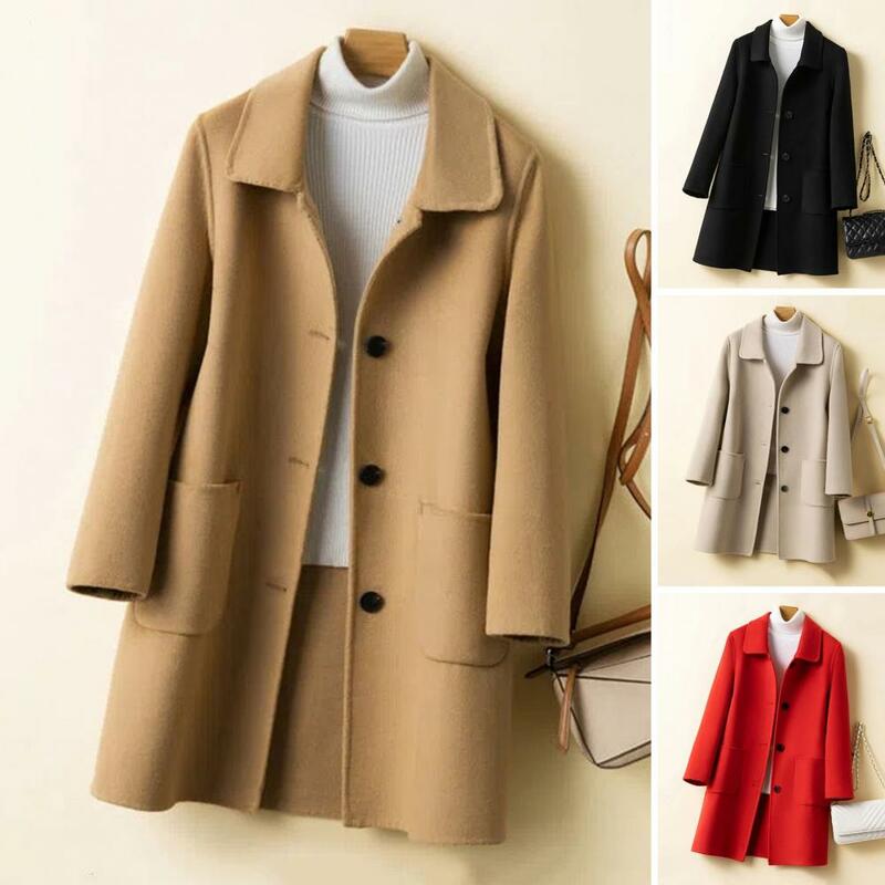 معطف متوسط الطول للنساء مع جيوب طية صدر واحدة ، سميكة ، مقاومة للبرد ، أحادية اللون ، سيدة أنيقة ، الخريف ، الشتاء