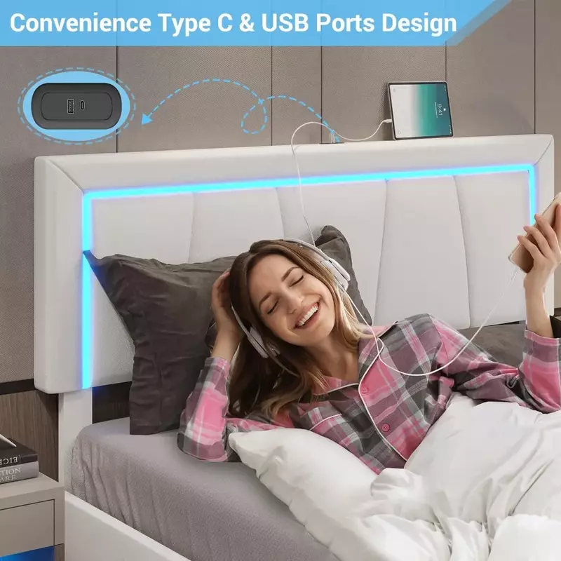 إطار سرير منجد من الجلد الصناعي مع USB ، أدراج تخزين وأضواء LED ، سرير بحجم كوين مع USB