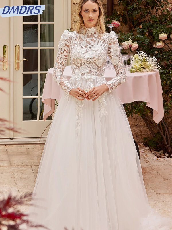 فستان زفاف دانتيل كلاسيكي ، كم طويل ، فستان زفاف أنيق ، على شكل حرف A ، طول الأرضية ، رومانسي ،