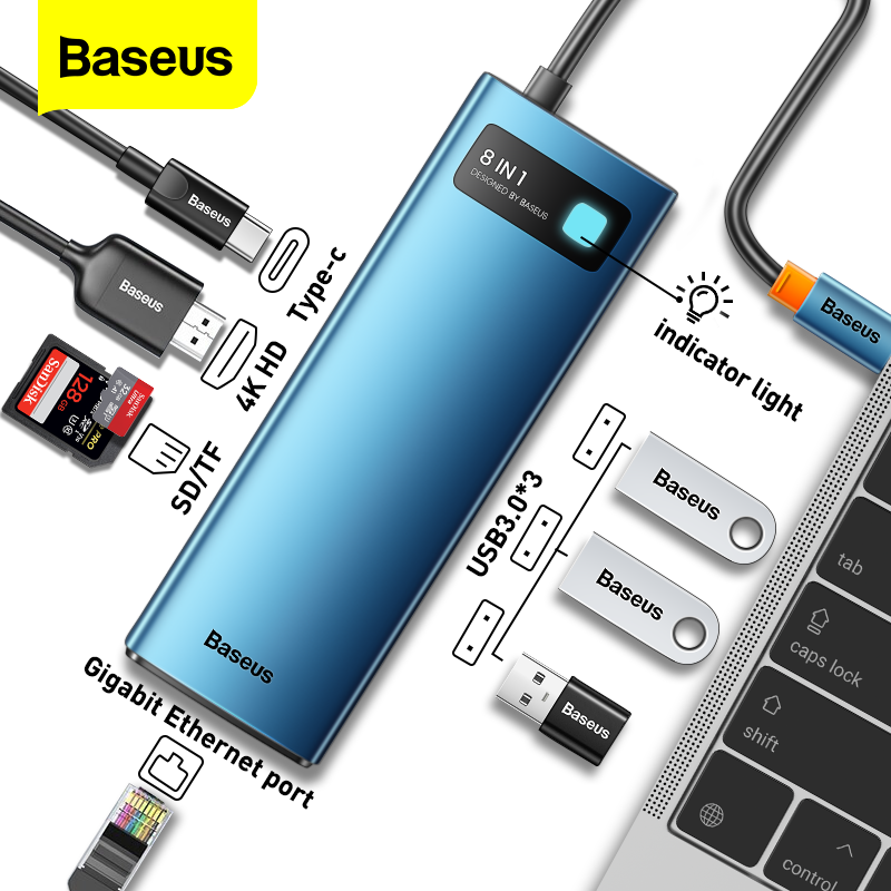 Baseus قاعدة توصيل كابلات, تدعم منافذ USB 3.0، وكابلات نوع C، ومنفذ HDMI، تدعم بطاقة SD، وقارئ البطاقة TF، توصيل الطاقة 100 وات، مناسب لأجهزة ماك بوك برو اير