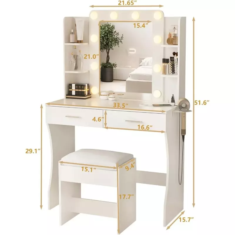 زينة مكياج مع شريط طاقة ، مرآة قابلة للتعديل ، أثاث أبيض ، مجموعة طاولة الزينة ، 3 ألوان إضاءة ، درجان كبيران