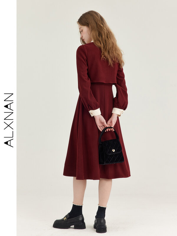 فستان متوسط الطول بأكمام طويلة للنساء من ALXNAN ، فستان فرنسي كلاسيكي ، أحمر ، مزيف من قطعتين ، أنيق ، خريف ، شتاء ، موضة جديدة ، T01002 ،