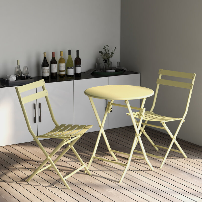 طاولة وكراسي مستديرة قابلة للطي من 3 قطع ، طقم بيسترو للفناء ، مقاعد مريحة ، أصفر