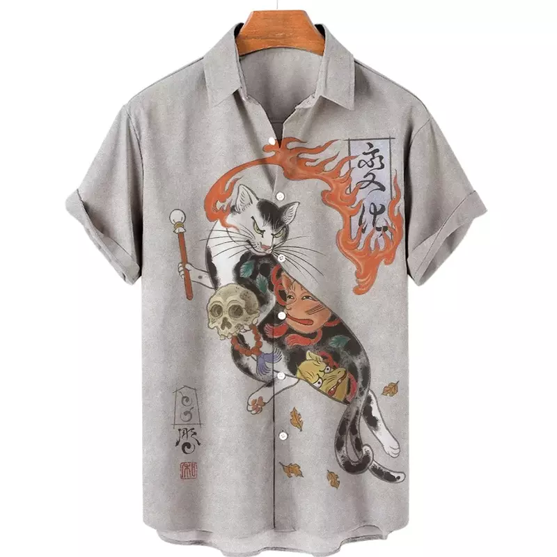 قميص رجالي بأكمام قصيرة مطبوع بنمط القط الساموراي ، بلوزة مريحة كاجوال ، قميص بزر أسفل طية صدر ، فن ياباني