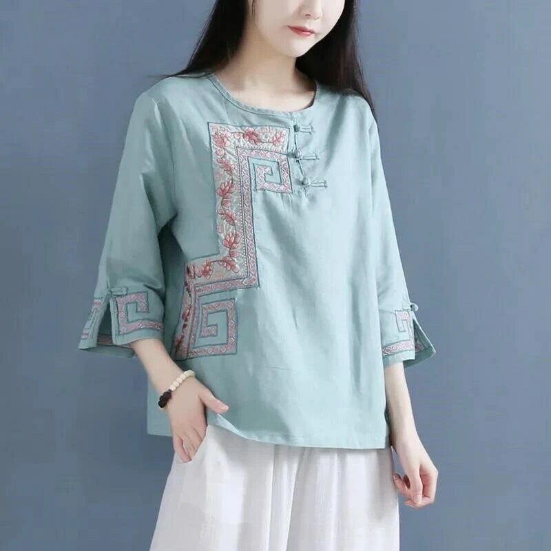 Miiix-قميص نسائي كلاسيكي بأزرار من الكتان ، بلوزة صينية مستديرة الرقبة ، قمصان مطرزة ، ملابس نسائية ، ربيع ، صيف ، جديد ،