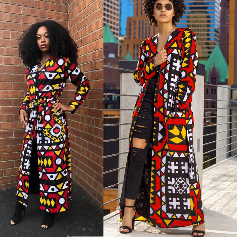 المرأة سترة طويلة موضة عادية مطبوعة معطف طويل (بما في ذلك حزام) السيدات معاطف وسترات الأفريقية هندسية طباعة سترة