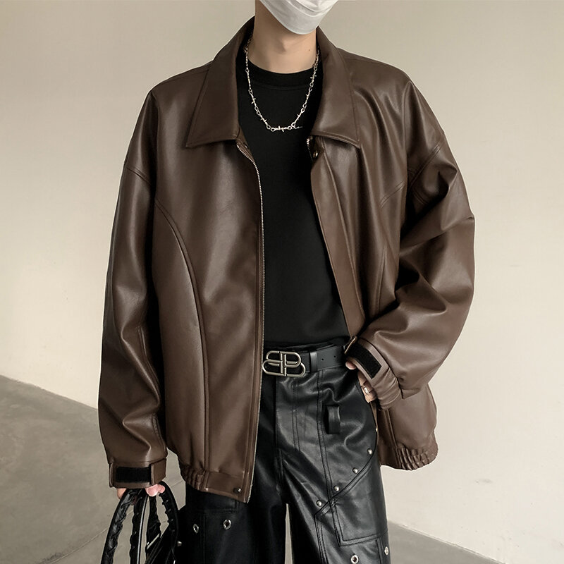 جاكيت بومبر فضفاض من الجلد الأسود للرجال ، ملابس مصممة خصيصًا ، أزياء كورية ، دراجات نارية