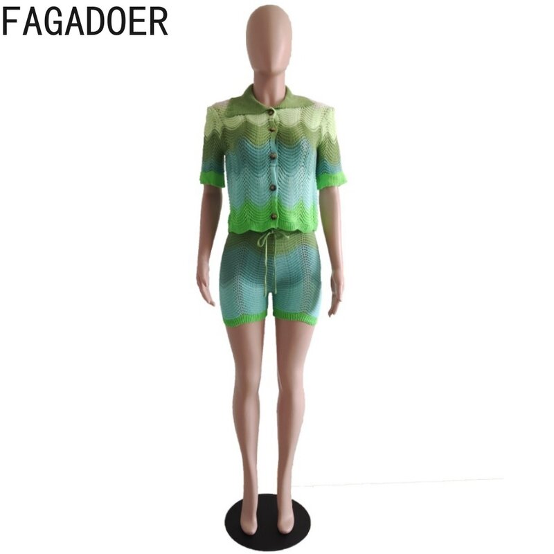 Fagadoer-طقم نسائي من قطعتين ، شورت حياكة مطبوع مخطط ، زر علوي + شورت ، ملابس نسائية ، ربيع ، جديد