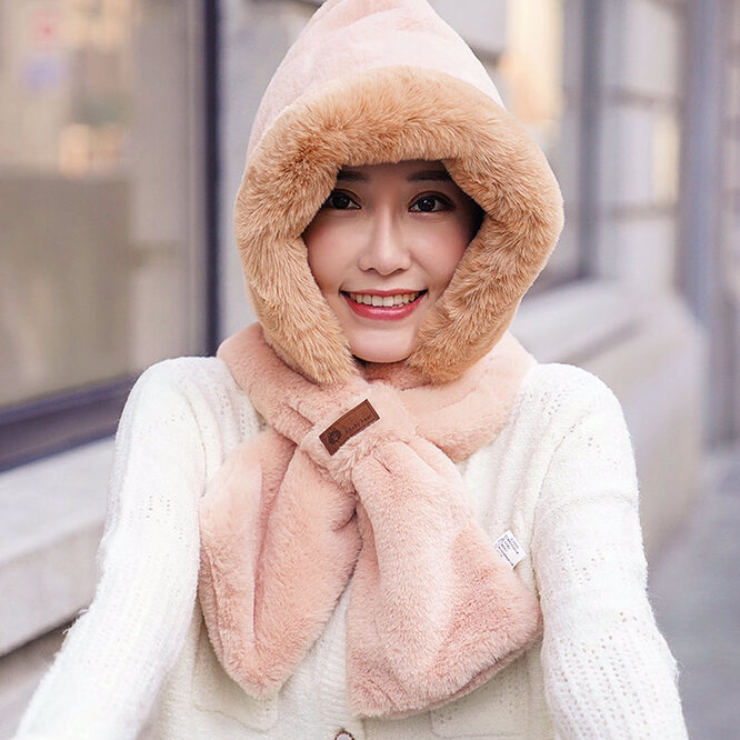Hat Scarf One Female Winter Plush Thickened Cold Proof Warm Windproof Plush Scarf Ear Protection Girl Outdoor  Protection Beige