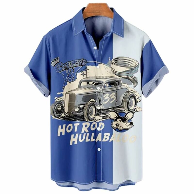 2022 قمصان هاواي الرجعية رجل سيارة ثلاثية الأبعاد طباعة قصيرة الأكمام التلبيب قميص للرجال موضة Harajuk الرجال القمصان المتضخم الذكور الملابس