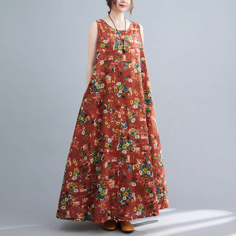 فستان نسائي كلاسيكي بوهيمي فضفاض بدون أكمام ، فتحة رقبة دائرية ، جيوب مطبوعة ، كبير الحجم ، مطابق بالكامل ، زهور ، ملابس صيفية ، جديد ،