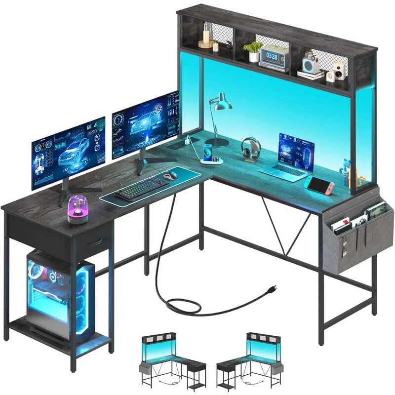 مكتب ألعاب على شكل حرف L من Yoobure مع شريط LED ومأخذ طاقة ، مكتب كمبيوتر قابل للعكس ، رف تخزين ودرج