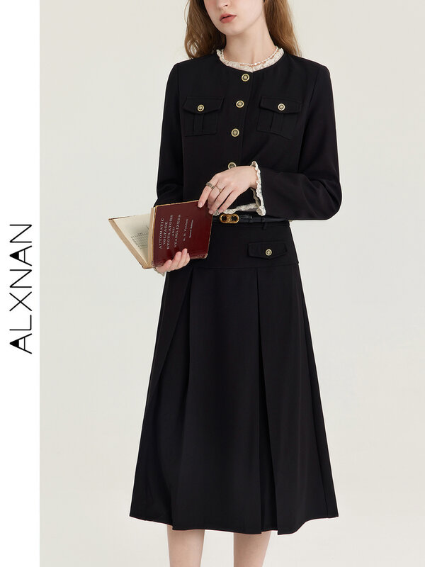 ALXNAN-بدلة فرنسية من قطعتين للإناث ، قمة محصول نحيفة براقة ، تنورة سوداء عالية الخصر ، ملابس نسائية ، تباع منفصلة ، T01005 ،