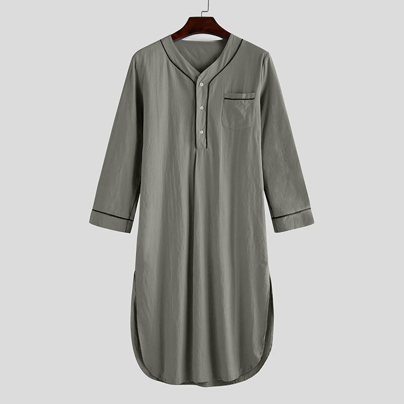 ثوب نوم رجالي إسلامي كلاسيكي بياقة على شكل V ، ملابس منزلية ، أكمام طويلة ، بلون واحد ، أرواب نوم