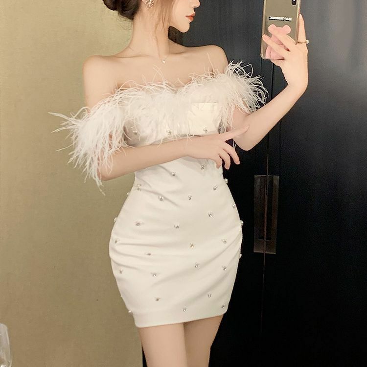 فستان صيفي مثير للنساء من Yuxinfeng مزود بخرزات ثقيلة باللون الأبيض من الريش فستان حفلات مكشوف الكتفين مثير بدون ظهر أنيق للمساء #3