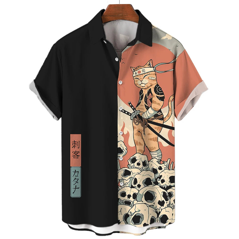 قميص رجالي ياباني مطبوع عليه قطة ساموراي ، توبات سوشي ، ملابس صيفية ، كاجوال ، بلوزة قصيرة ، هاواي ، هاراجوكو ، موضة عتيقة