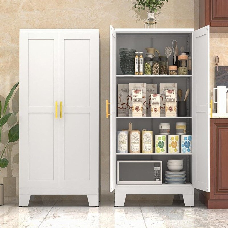 خزانة تخزين مطبخ بيضاء ، خزانة تخزين بمخزن مع أبواب وأرفف ، خزانة تخزين مع تسوية قابلة للتعديل