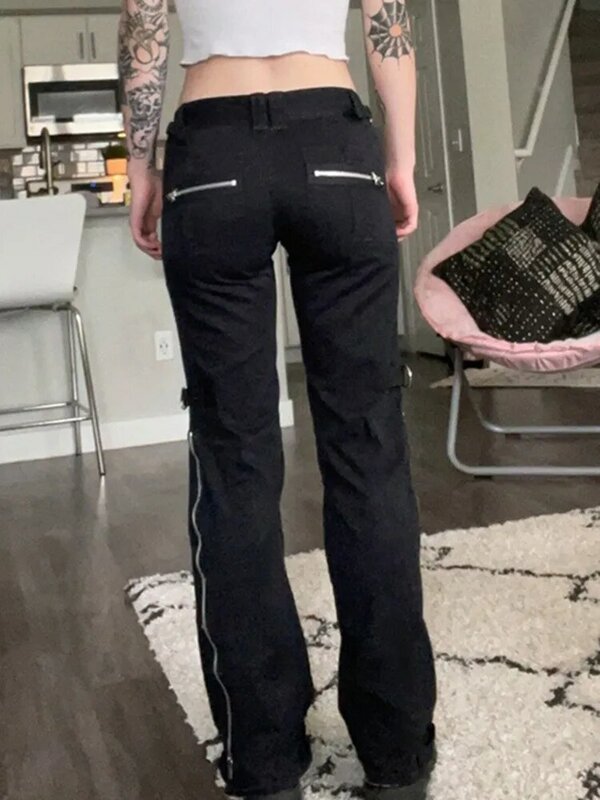 بنطلون جينز يوانجيلو Y2k الجرونج ذو خصر منخفض للنساء نمط قوطي مزين باللون الأسود ملابس نسائية غير رسمية ملابس غير رسمية