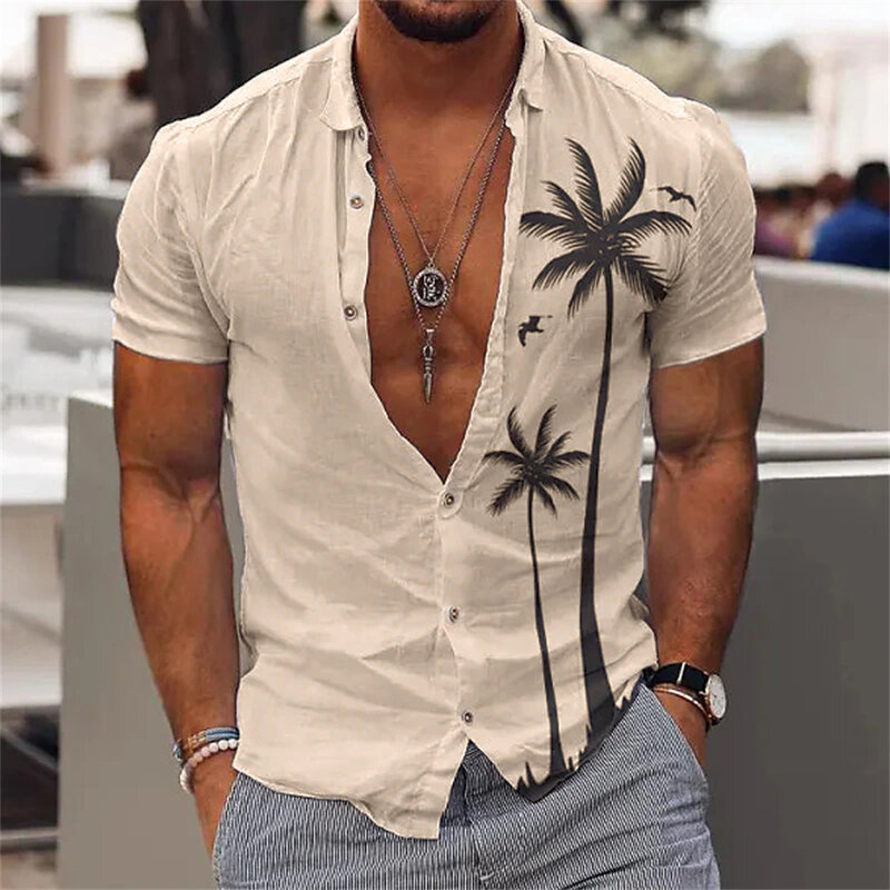 2023 شجرة جوز الهند شاطئ عطلة حفلة الرجال قميص القطن الصيف قميص الرجال هاواي قميص عادية موضة الشارع قصيرة الأكمام
