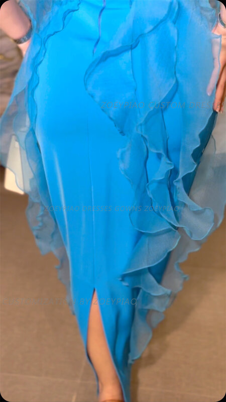 فستان سهرة شيفون من الساتان الأزرق للنساء ، فستان حفلة موسيقية بطول الكاحل ، فستان شاطئ مثير ، دبي والعربية ، مخصص ،