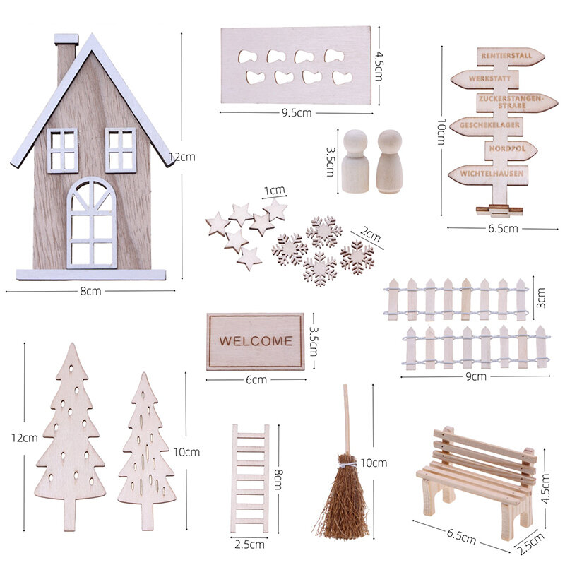 نموذج مشهد مصغر باب بيت الدمى ، ديكور عيد الميلاد ، الثلج ، شجرة صغيرة ، سياج ، سلم ، مكنسة ، ألعاب خرافية ، 1 Set