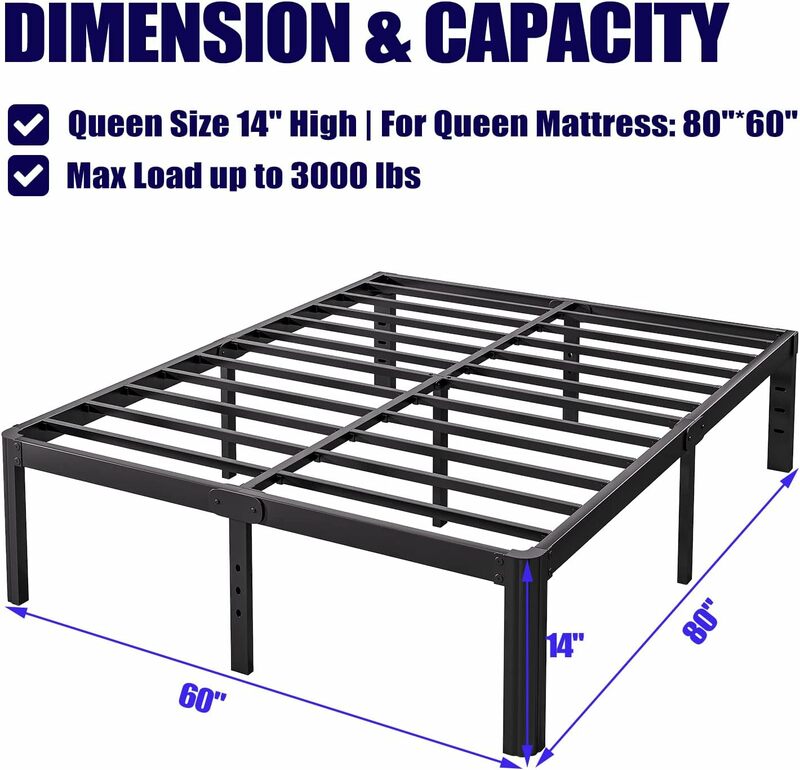 إطار سرير بمنصة معدنية مع زوايا دائرية ، إطار سرير بحجم كوين مرتفع ، خدمة شاقة ، بدون صندوق ، ربيع مطلوب ، 14 بوصة