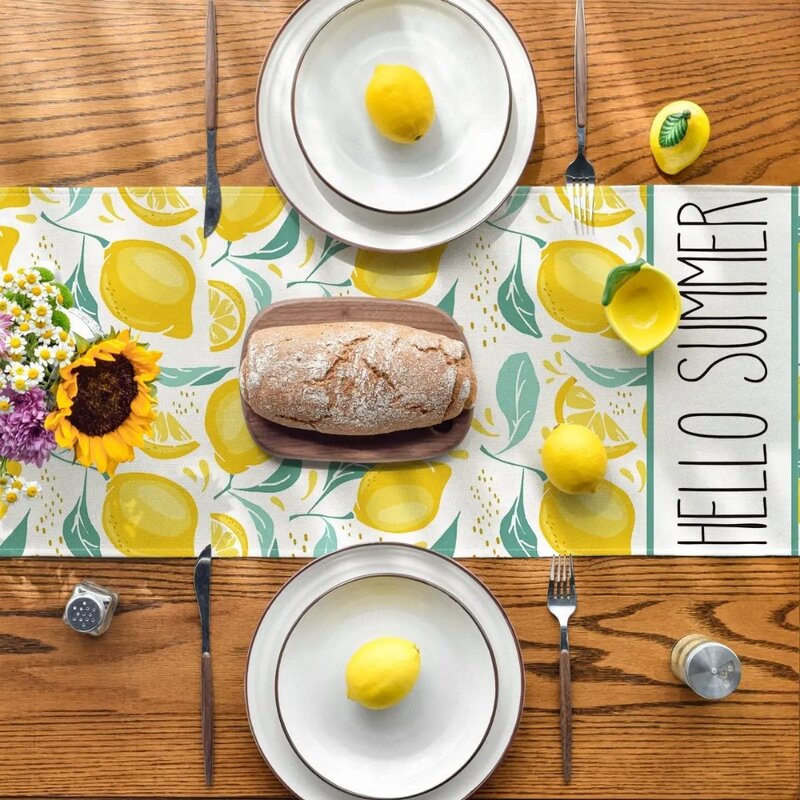 عداء طاولة من الكتان الليموني ، ديكور طاولة طعام للمطبخ ، ديكور حفلة منزلية ، فاكهة مرحبًا للصيف ، الربيع