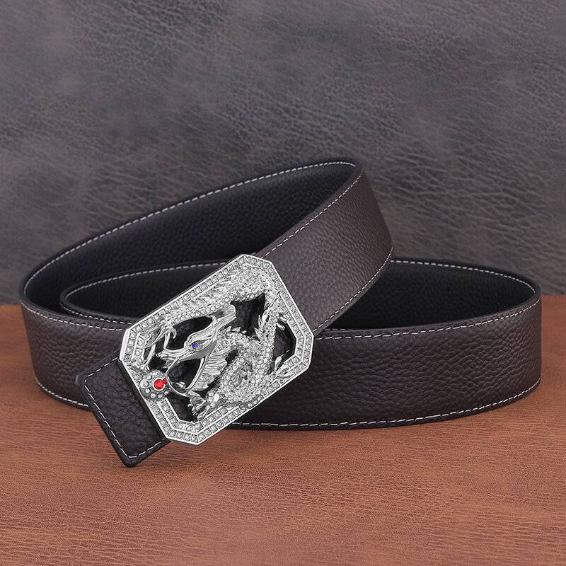 جلد طبيعي حزام الرجال الفاخرة مصمم عالية الجودة موضة رائعة التنين الصيني السلس مشبك ل حزام Ceinture أوم