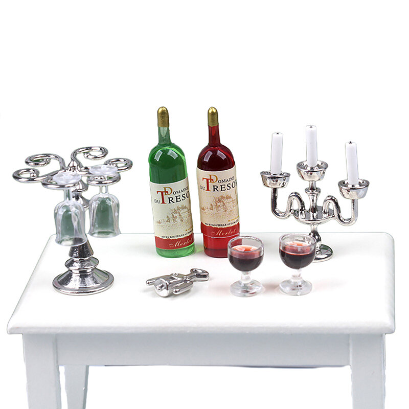 دمية مصغرة شمعدان النبيذ الأحمر ، نموذج كأس النبيذ ، شمعة رومانسية ، مشهد عشاء ديكور لعبة ، 1 مجموعة ، 1:12 ، 1:6 مقياس