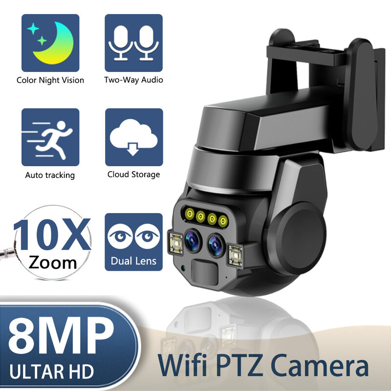 كاميرا مراقبة خارجية ، كاميرا فيديو CCTV ، رؤية ليلية ملونة ، عدسة مزدوجة ، واي فاي ، PTZ IP ، 8MP ، 4K ، 10x تقريب رقمي ، 4MP ، 2K