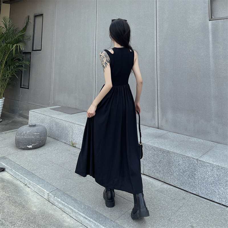 Y2K Black Tank Dress Women Fashion French Elegant Slim Round Neck Hollow Out Split Long Dresses Summer New