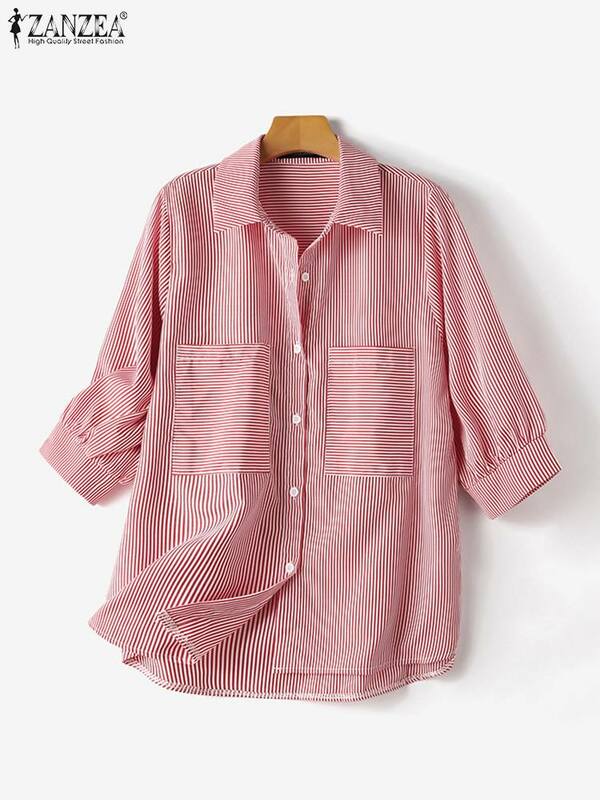 Zansea-قميص مكتب مخطط للنساء ، كم ، أزرار طية صدر السترة ، أسفل ، قمم العمل ، أنيقة ، الصيف