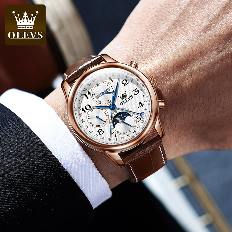 OLEVS ساعة ميكانيكية أوتوماتيكية للرجال ، حزام من الجلد ، مرحلة القمر ، ساعات المعصم الأعمال مقاوم للماء ، الأسبوع والتقويم ، الأصلي