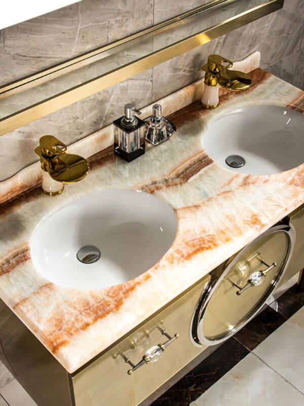 تخصيص ضوء فاخر الفولاذ المقاوم للصدأ خزانة حمام مزيج مخصص الحمام مغسلة نمط صامت الذهبي مزدوج